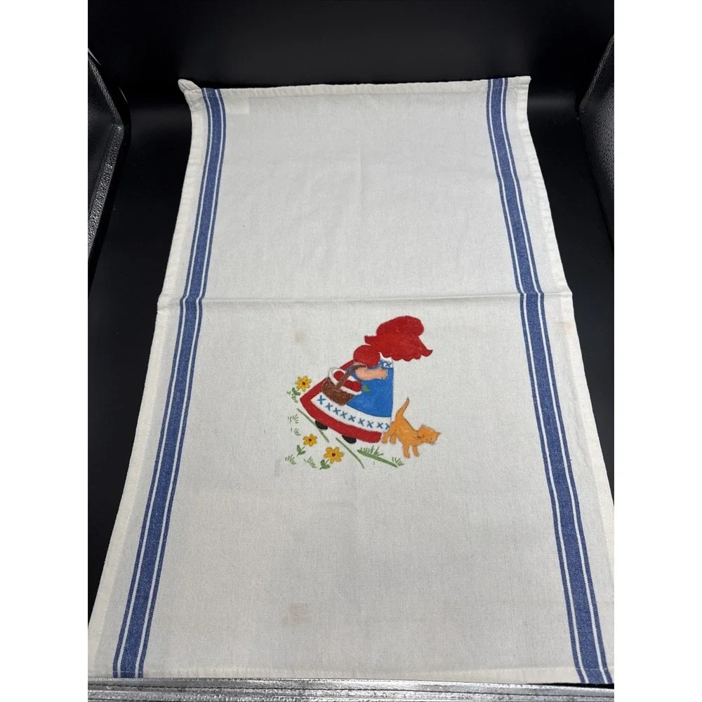 Hand Painted Dish‎ Towel Cotton Girl Cat Flowers Country Blue